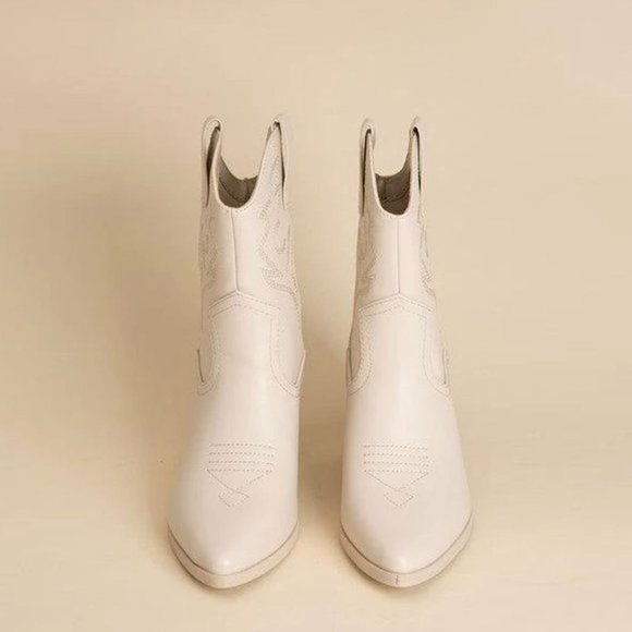 NEW🔥 Bone Embroidered Cowboy Western Ankle Booties Boots Pointed Toe Block Heel - Picture 8 of 8